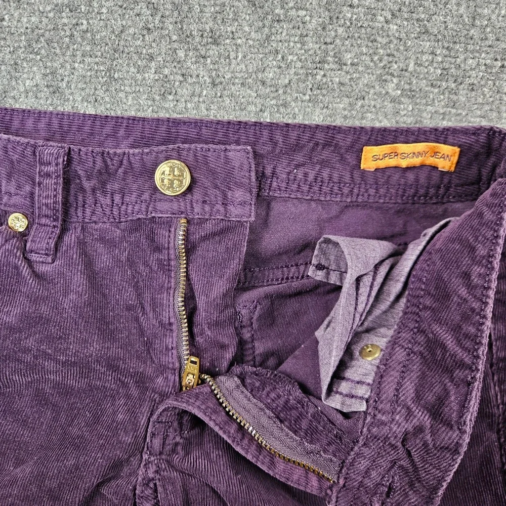 Tory Burch Super Skinny Corduroy Pants Purple Plum Gold Logo Size 25